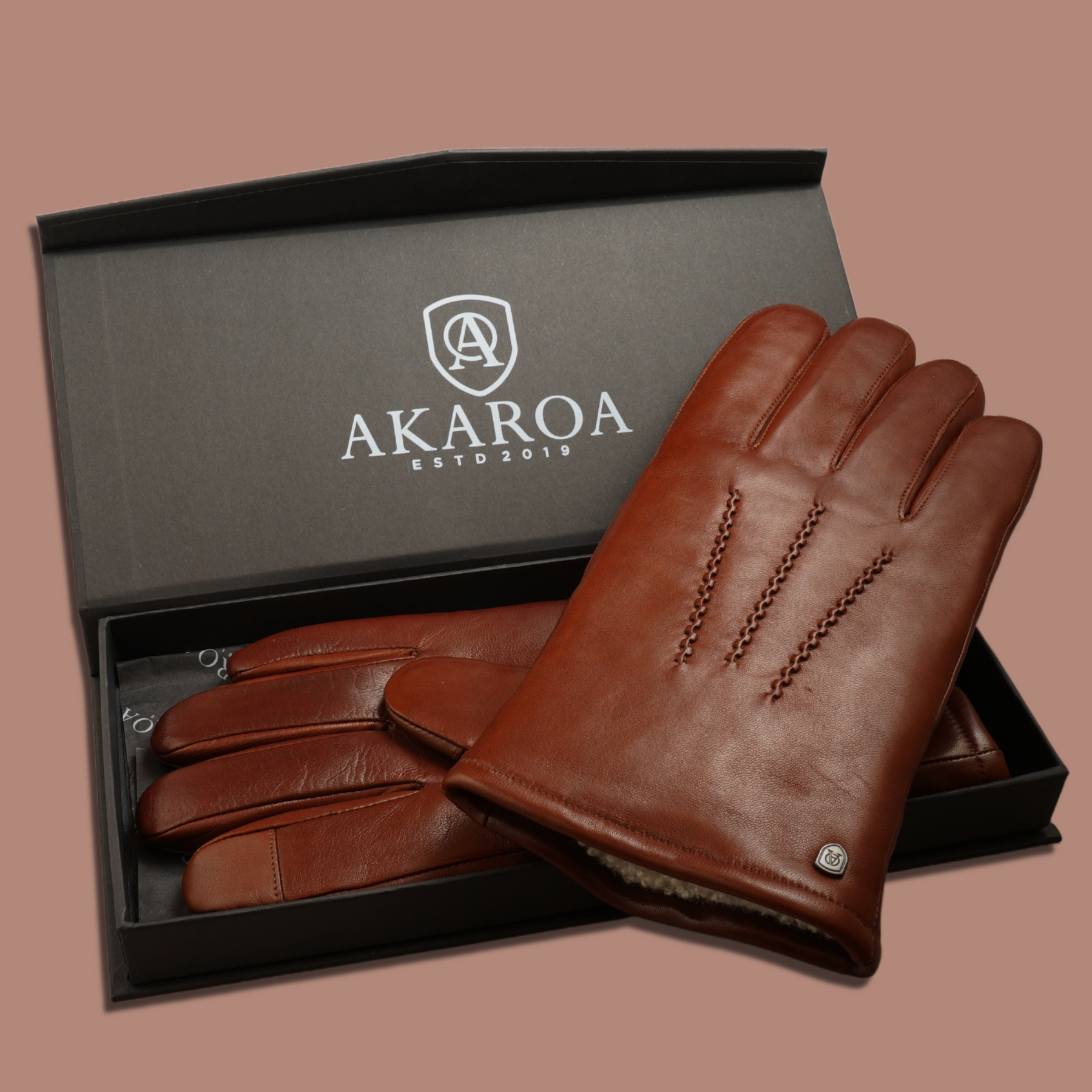 Akaroa Lederhandschuhe Dan mit Lammfellfutter - cognac
