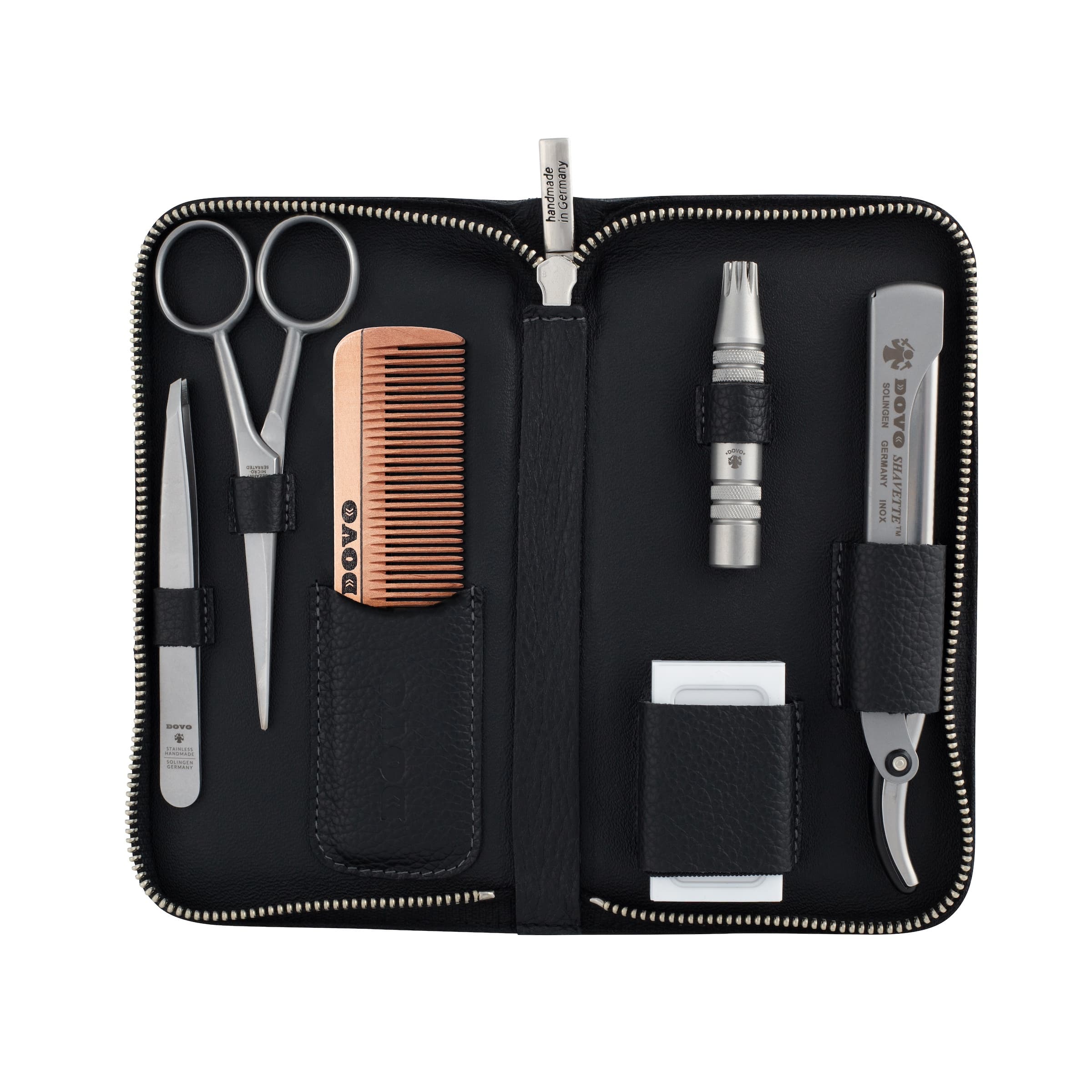 DOVO Bartpflege-Set mit Edelstahl Shavette, Schere, Kamm & Etui