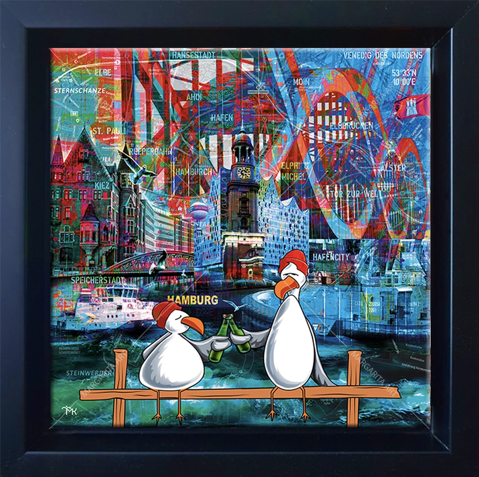 „Steve & Steven - Hamburg Collage“ Bild 20 x 20 cm gerahmt