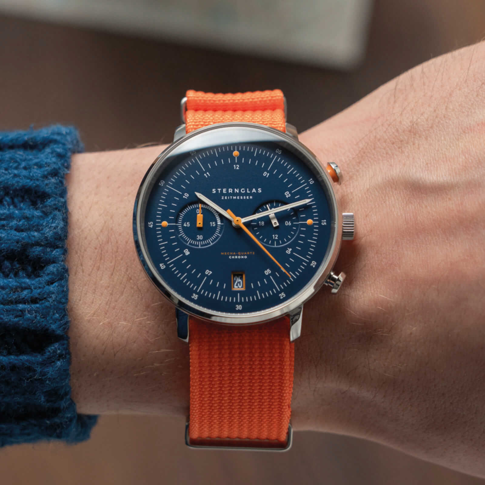 Sternglas Hamburg Chrono Edition Küste Dunkelblau Silber Nylon Field Orange