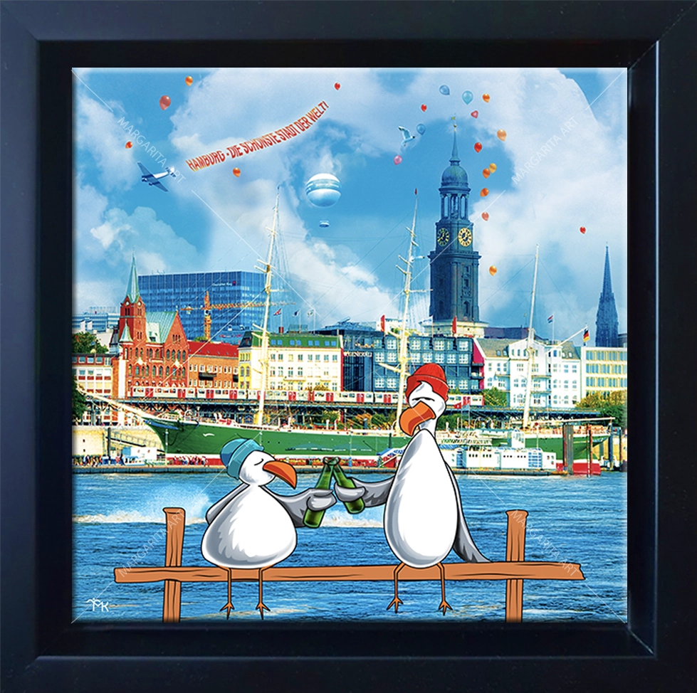 „Steve & Steven an der Elbe“ Bild 40 x 40 cm gerahmt